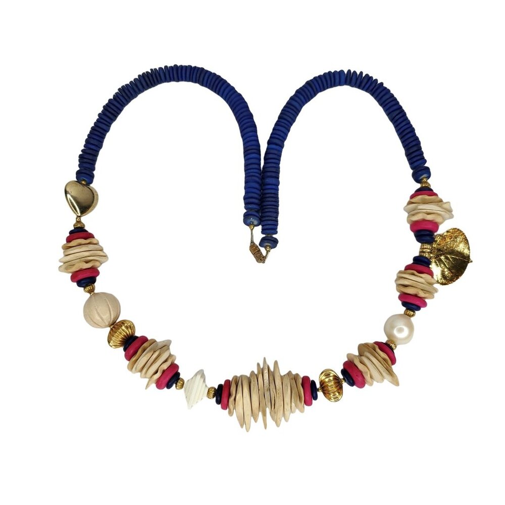 Wood Bead Necklace Chunky Boho Artsy Blue Pink Cream Gold Tone 30"